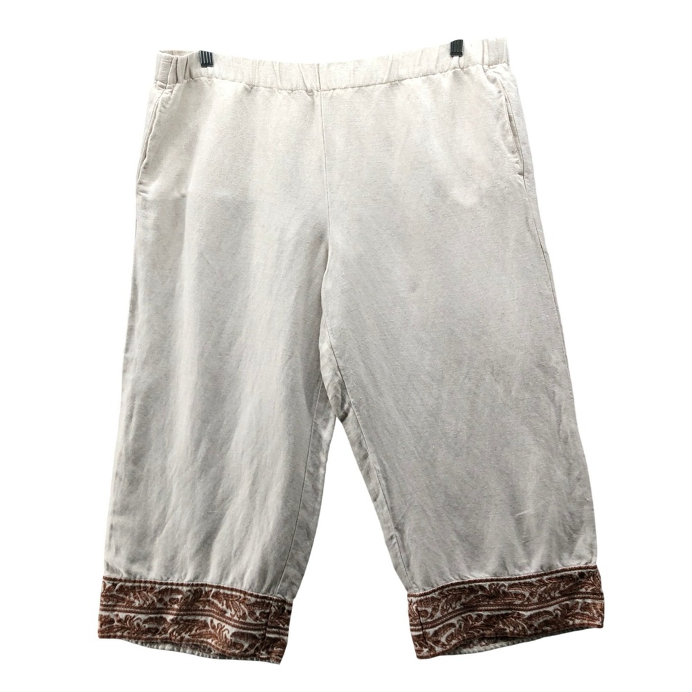 J Jill Linen Blend Crop Capri Pants Womens LP Beige Embroidered Hem Pull On